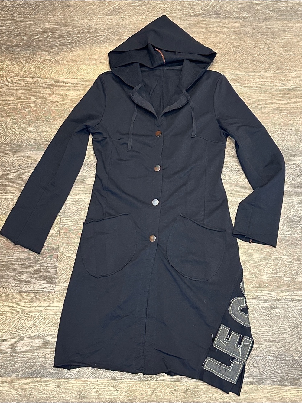 Cop. Copine Black Long Line Hooded Button Cardigan Duster with Patched Logo S/M